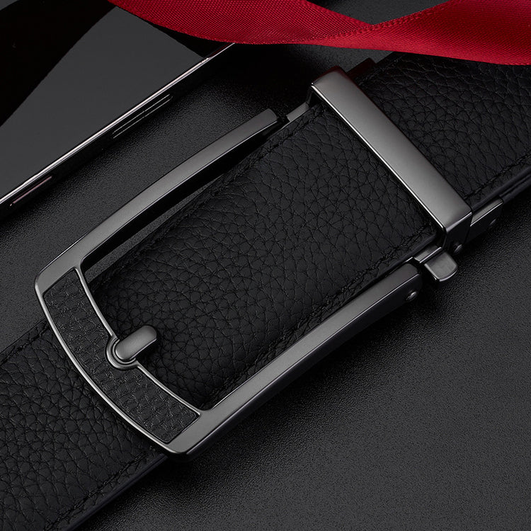 New Mens Casual All-match Leather Belt With An Automatic Buckle And A Lychee Grain Pattern
