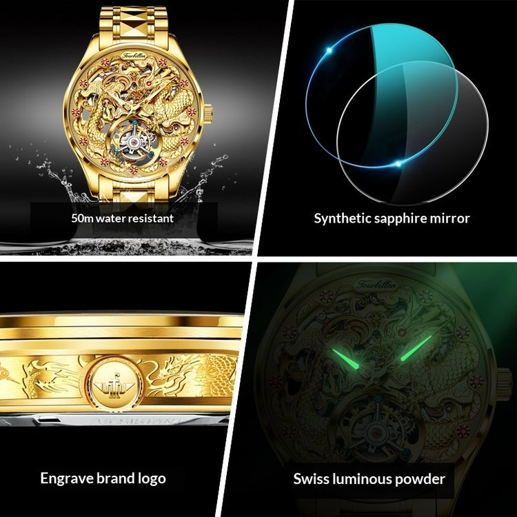 Mens Water-Resistant Mechanical Watch With Hollowed-Out Design And Steel Strap