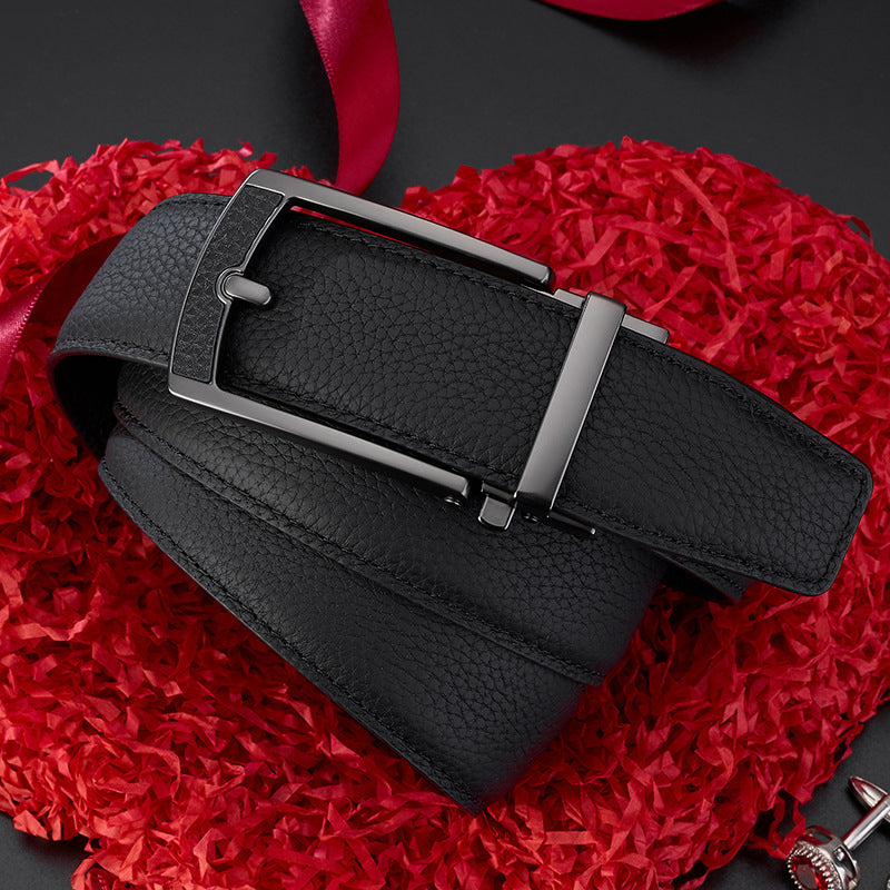 New Mens Casual All-match Leather Belt With An Automatic Buckle And A Lychee Grain Pattern