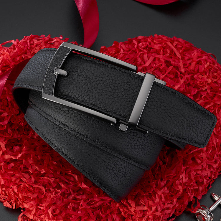 New Mens Casual All-match Leather Belt With An Automatic Buckle And A Lychee Grain Pattern