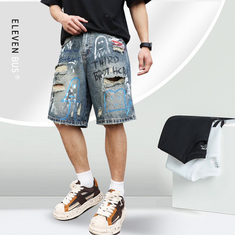 All-match Ripped Men's Jeans Shorts Trend Graffiti