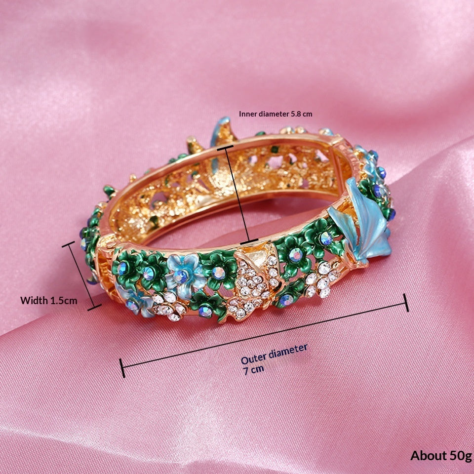 Painted Butterfly And Flower Open Bangle