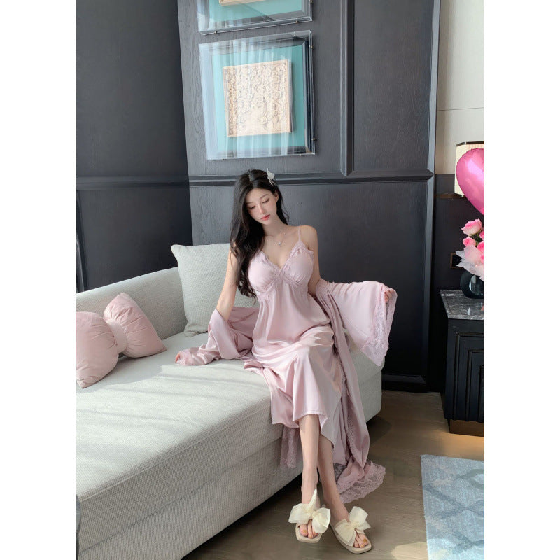 Womens Long Above-the-knee Ice-silk Slip Nightgown With Built-in Bra Pads