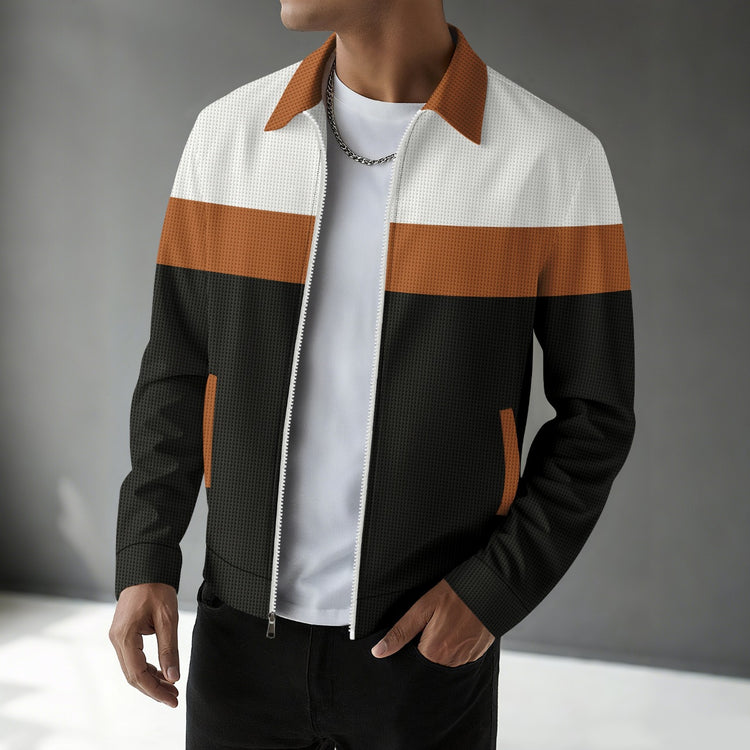 Waffle-knit Colorblock Cardigan With Zippered Pockets And A Notched Collar