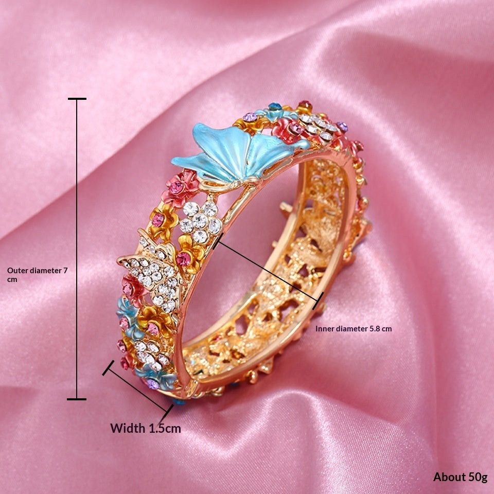 Painted Butterfly And Flower Open Bangle