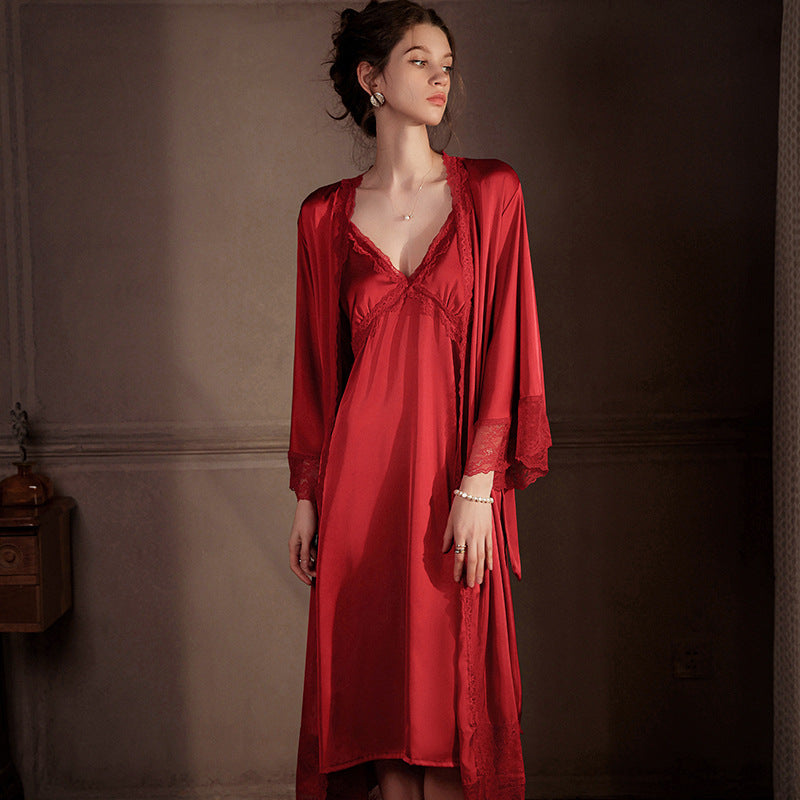Womens Long Above-the-knee Ice-silk Slip Nightgown With Built-in Bra Pads